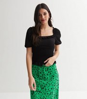 New Look Black Square Neck Frill Shirred Waist Crop Top